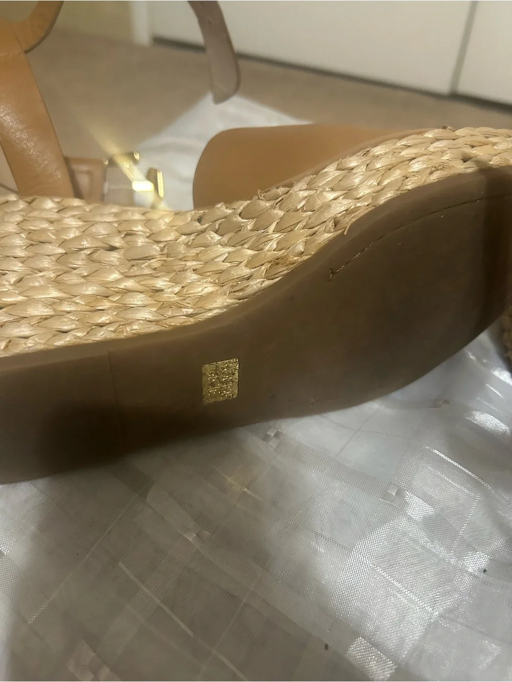 Louise et Cie Tan Leather Espadrille Wedge Sandals with Gold Hardware